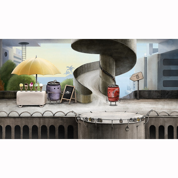 Illustration of a robot standing on a spiral staircase with a cityscape background