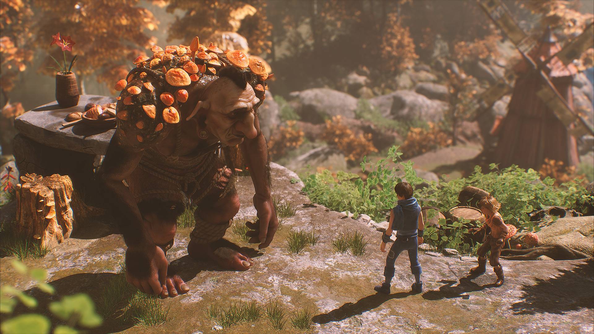 Animated scene with a large creature and two smaller characters in a forest setting