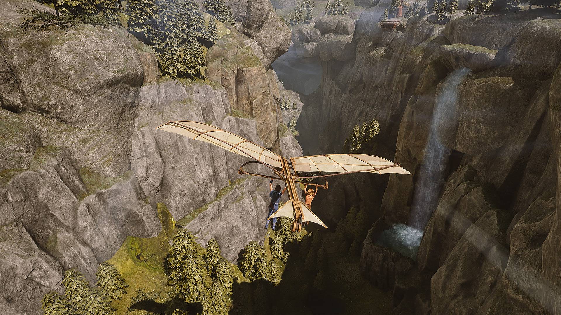 Person in a vintage airplane flying over rocky cliffs