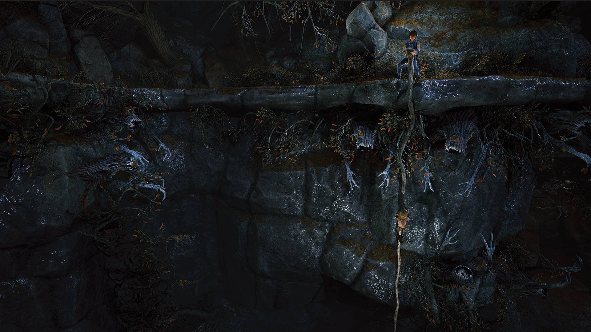 Character climbing a rope in a dark, rocky cave