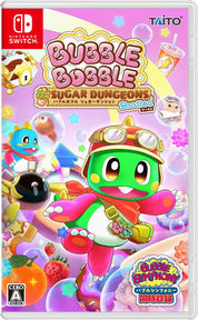 Nintendo Switch game case for Bubble Doodle Sugar Dungeons, featuring a colorful cartoon cover with a green character in a red helmet, pink and purple bubbles, and Taito branding.