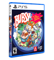 PS5 game case for Bubsy in The Purrfect Collection, featuring colorful character artwork on a dark blue cover with PlayStation and Atari logos visible.