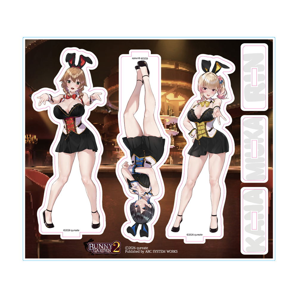 A set of three Bunny Club 2 character standees featuring Kana Kanata, Miku Sakuya, and Kiba Azusa in bunny girl outfits, displayed on a white background with character labels on the right.