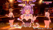A digital illustration of a VTuber in a black and purple bunny maid outfit, standing in a warmly lit bar with two other VTubers in the background.