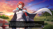 An anime-style character portrait of a red-haired female warrior in a white and black outfit with a large white cape, set against a colorful sunset sky and outdoor landscape. A text box at the bottom contains dialogue.