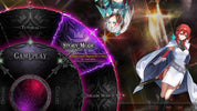 A digital screenshot of a video game user interface with anime-style character art. The left side shows dark menu panels labeled Tutorial, Gameplay, Options, and Arcade Mode, with a glowing purple highlighted path labeled Story Mode.