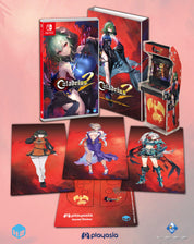 Calabria 2 video game merchandise set on a pink background, including a Nintendo Switch game case, a book, an arcade machine model, character art cards, and a playmat, all featuring red and black artwork with Calabrian-themed illustrations.