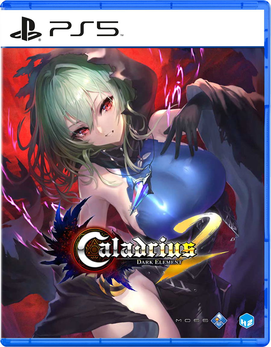PS5 game case cover for Caladrius 2: Dark Element, featuring anime-style artwork of a pale green-haired character with red eyes holding a glowing blue orb against a red and black background.