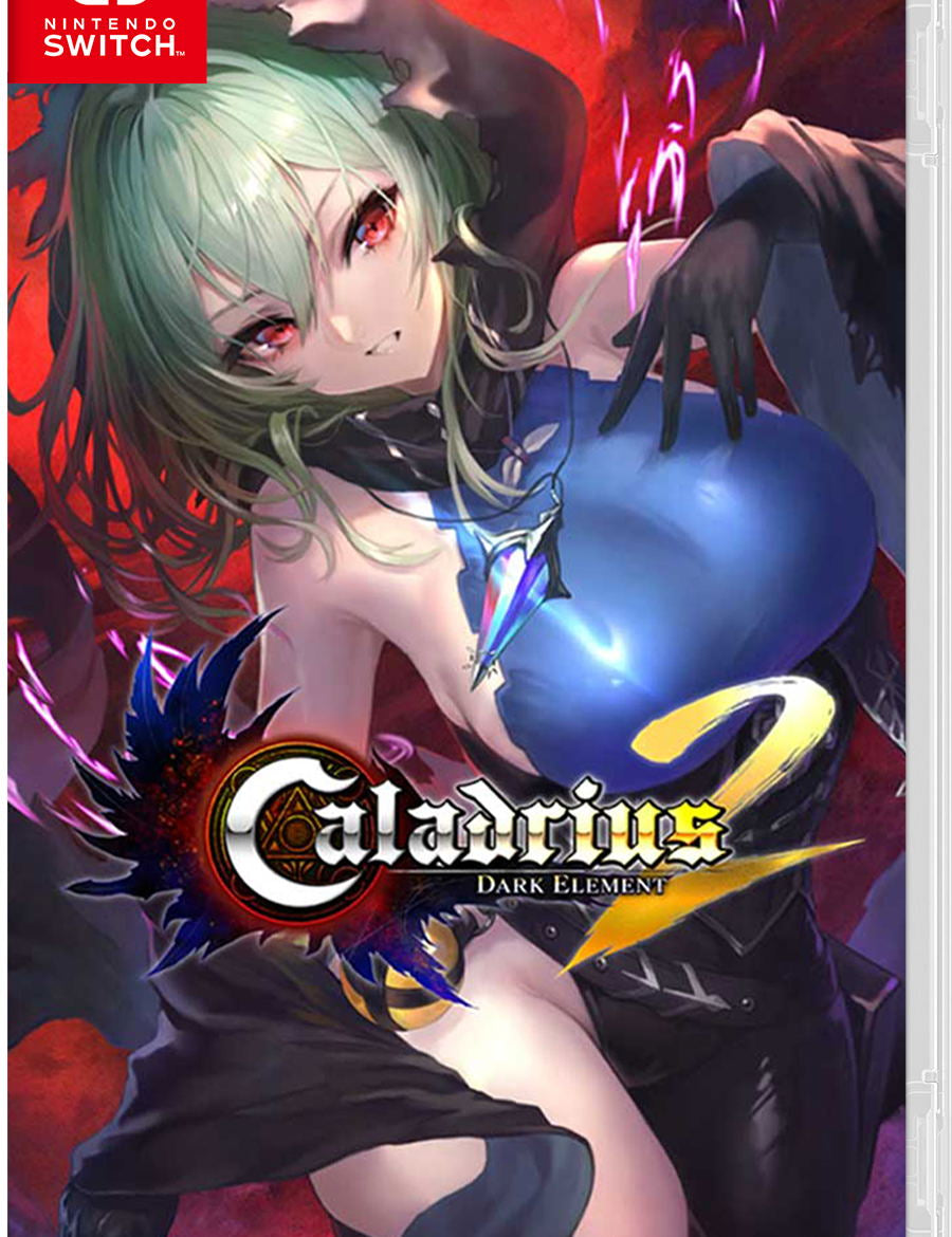 Front cover of the Nintendo Switch game Caladrius 2: Dark Element, featuring anime-style artwork of a pale green-haired female character with red eyes holding a glowing blue orb against a red and purple background. Nintendo Switch branding is visible in the top-left corner.