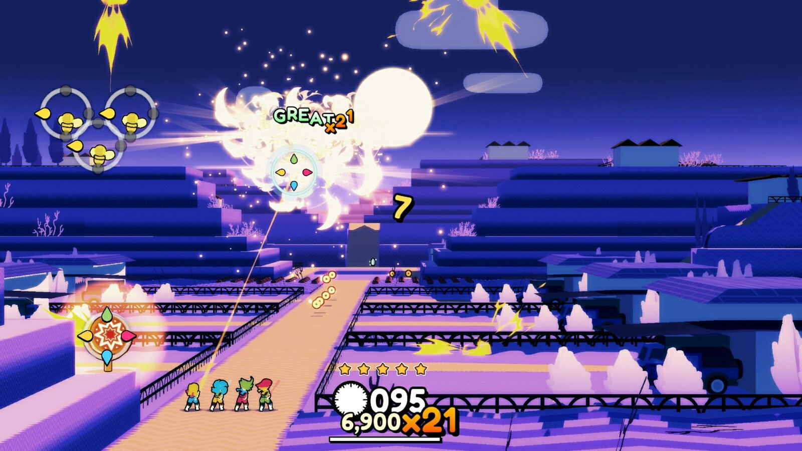 Screenshot of a colorful video game level with characters and power-ups.