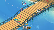 Game screen showing a character on a wooden bridge over water with a shark in the background.