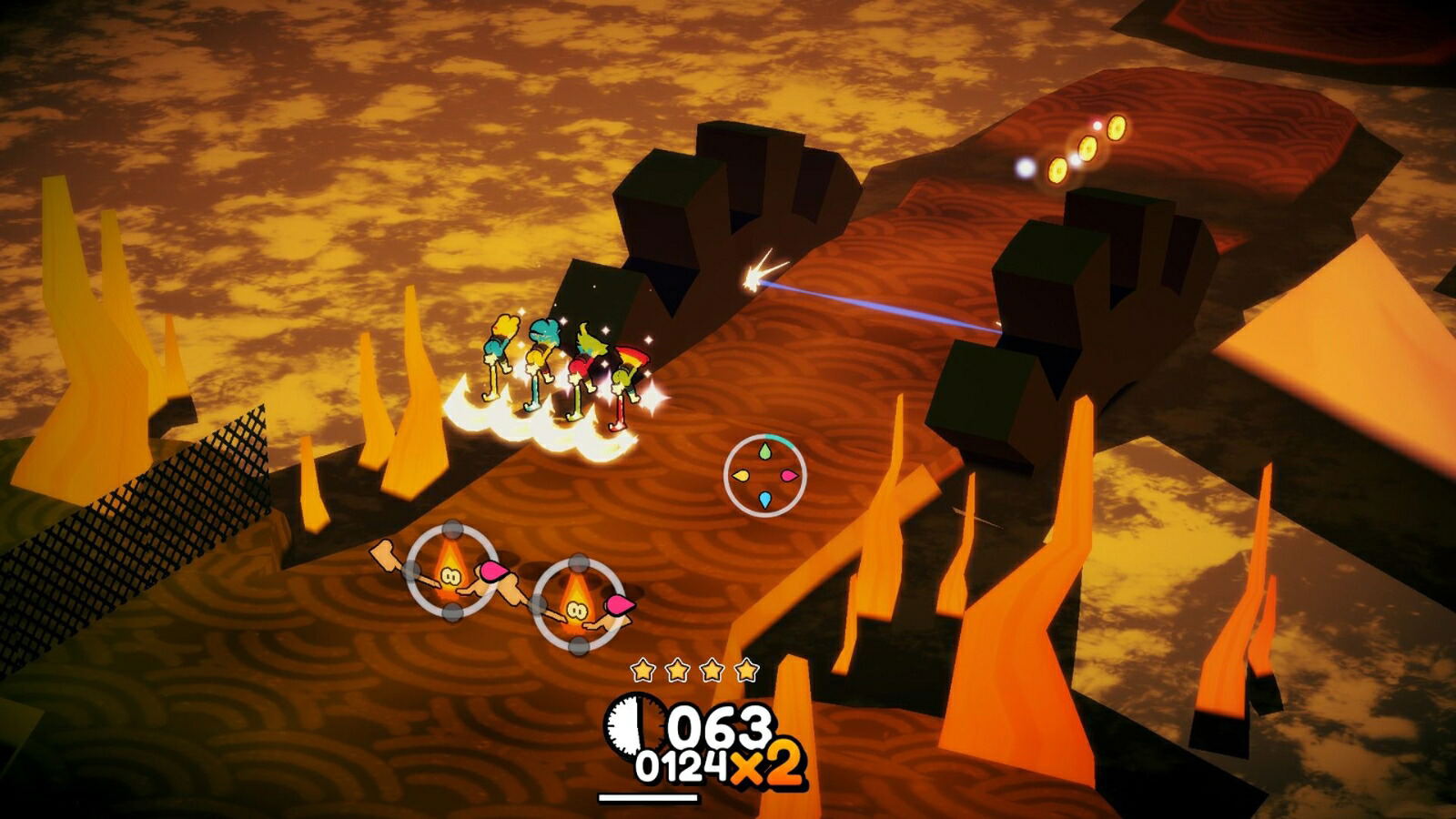 Game screen with character and enemies on a wooden platform with lava