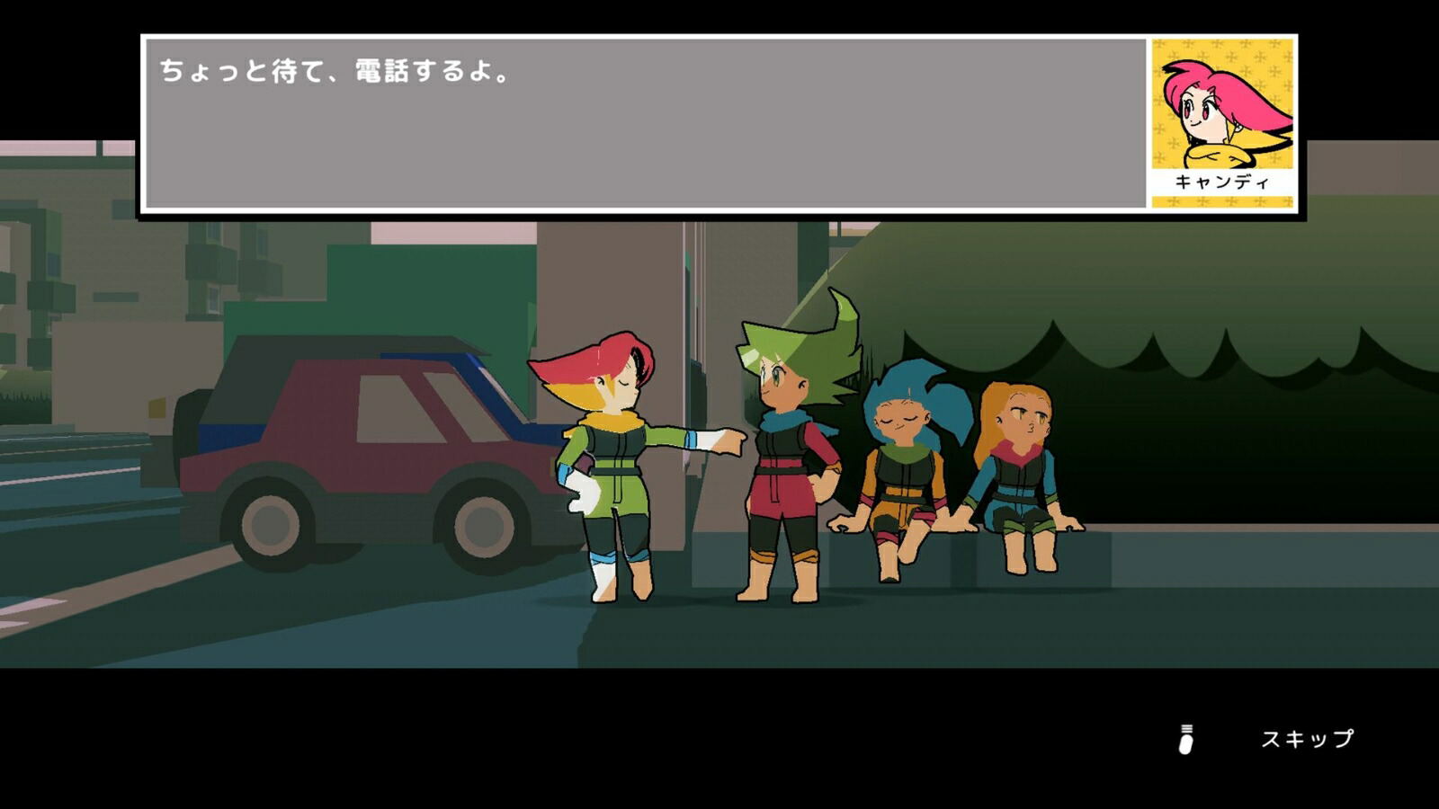 Pixel art characters on a street with a dialogue box and character icon at the top.