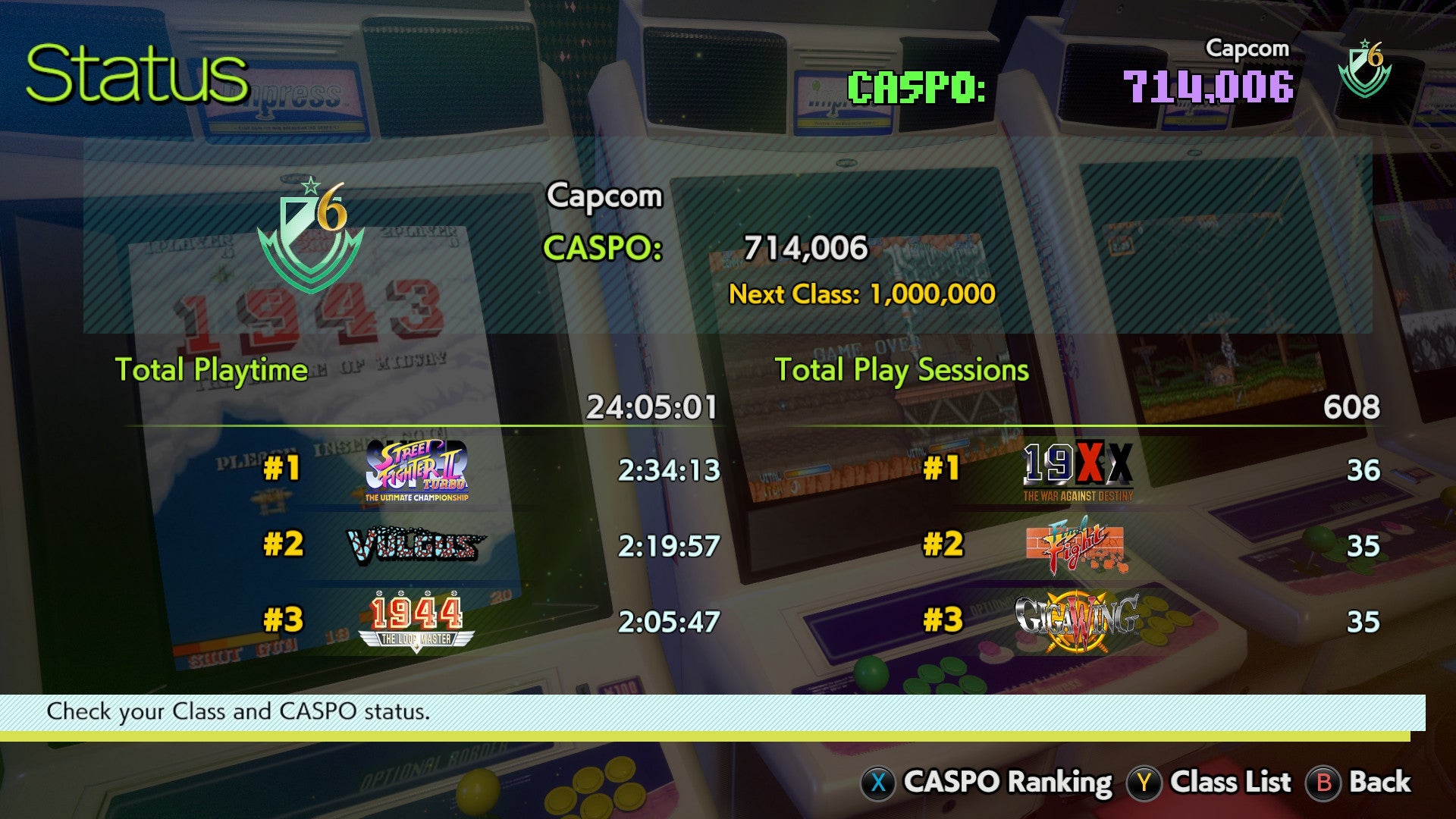 Game screen showing Capcom CASPO status with player statistics and game interface elements.