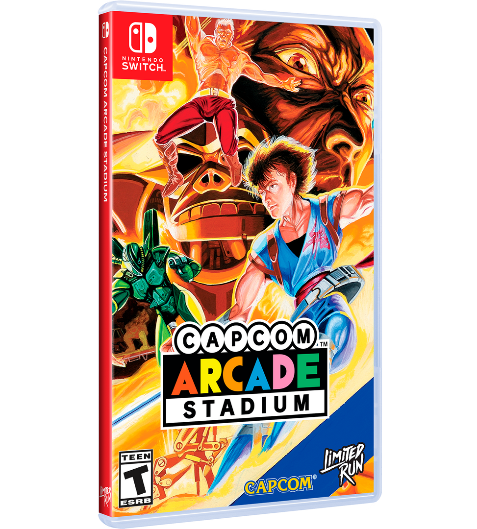 Nintendo Switch game case for Capcom Arcade Stadium, featuring colorful anime-style artwork with Ryu, Chun-Li, and a large monster face on the cover.