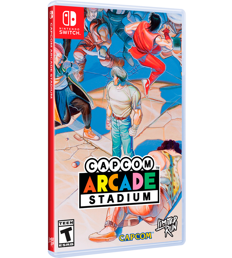 Capcom Arcade Stadium video game case for Nintendo Switch, featuring colorful retro street-fighting artwork on the cover with the Nintendo Switch logo in the top left corner.