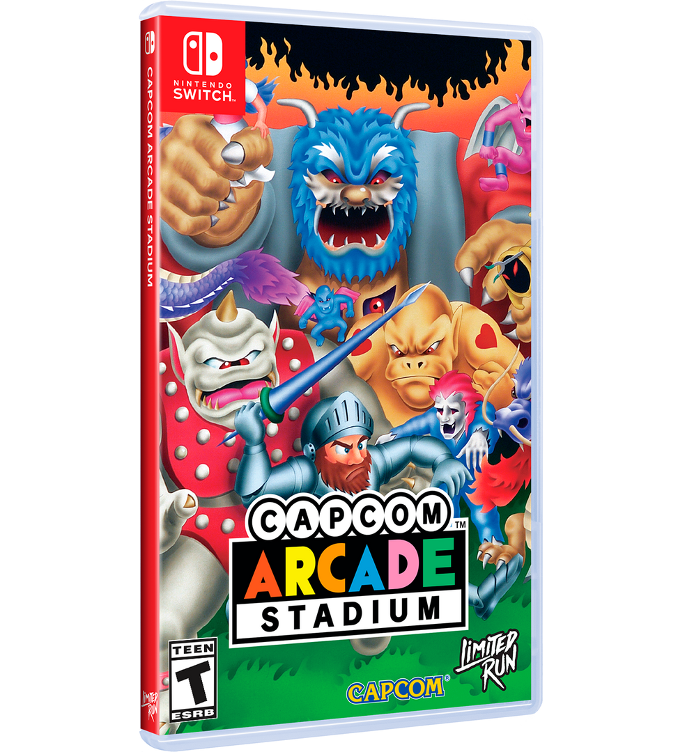Nintendo Switch game case for Capcom Arcade Stadium, featuring colorful retro monster artwork on the front cover and a red Nintendo Switch banner on the spine.