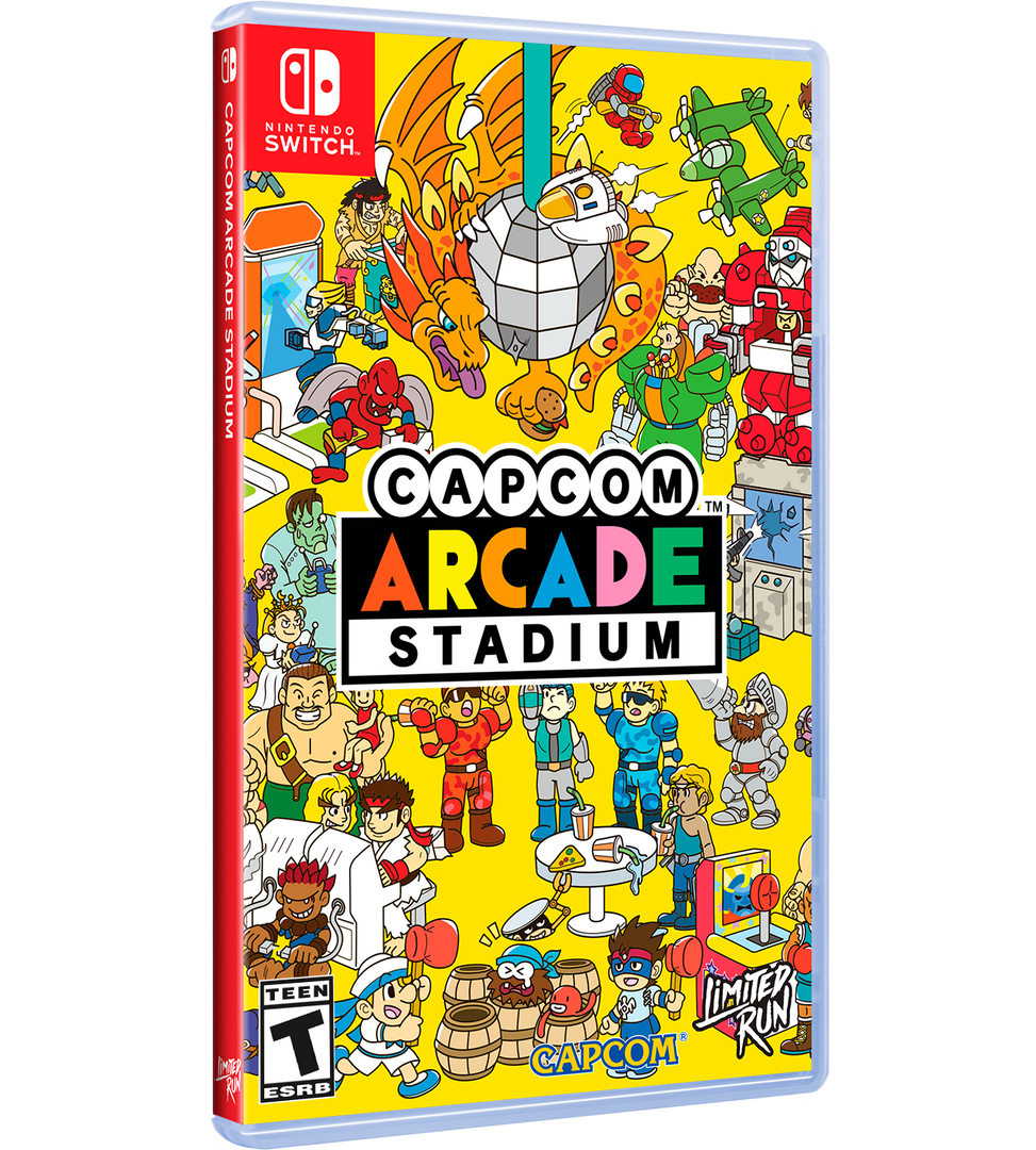 Nintendo Switch game case for Capcom Arcade Stadium, featuring a highly detailed, colorful cartoon illustration on a bright yellow background with the Capcom and Nintendo Switch branding visible.