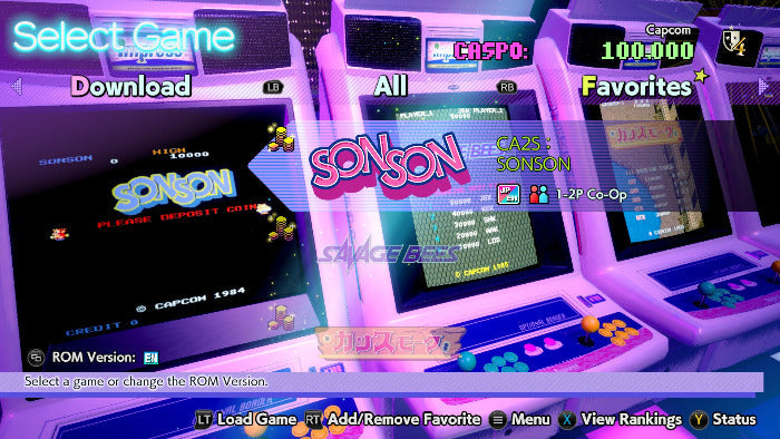 Arcade machine screen with 'SONON' game selection interface on a purple background