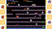 Vintage video game screen with a character navigating through obstacles on a yellow background