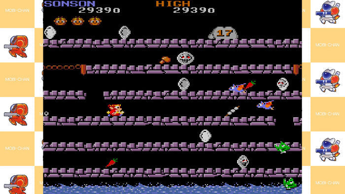 Vintage video game screen with a character navigating through obstacles on a yellow background