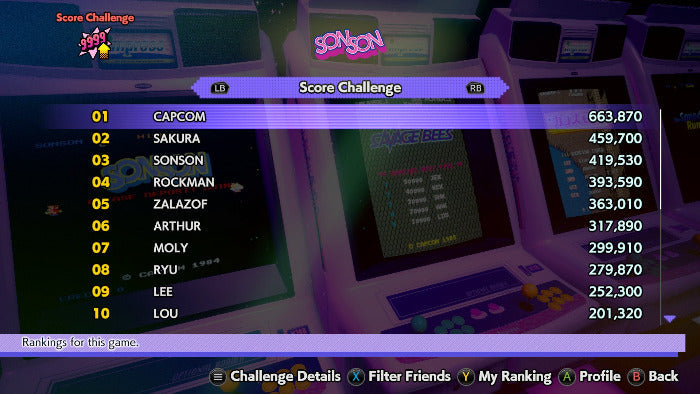 Score challenge screen from a video game with character names and scores displayed.
