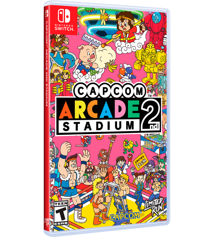 Nintendo Switch game case for Capcom Arcade Stadium 2, featuring a highly detailed, colorful cartoon illustration on the cover with various game characters and the Capcom and Nintendo Switch branding.