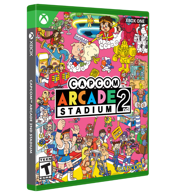 Capcom Arcade Stadium 2 for Xbox One game case shown at a slight angle, featuring a highly detailed, colorful cartoon illustration on the cover and spine.