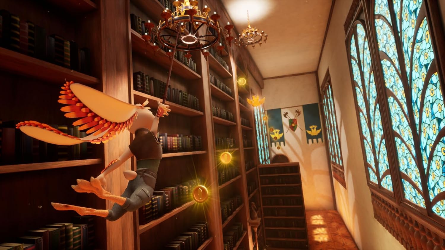 Person with wings climbing a bookshelf in a cozy room with stained glass window
