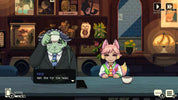 A stylized digital illustration of two anime-like characters seated at a table in a cozy interior setting. The larger character on the left has green skin, gray hair, and a dark suit, with a speech bubble near the bottom.