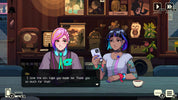 A digital illustration from a video game or interactive story, showing two anime-style female characters sitting at a counter in a cafe. The character on the left has pink hair and a purple top, while the character on the right has blue hair and a white top, holding a smartphone.