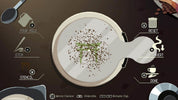 A stylized digital interface showing a round cup or mold with coffee beans scattered in the center, surrounded by icons and labels such as pour milk, etch, stencil, reset, and done, on a dark brown background.