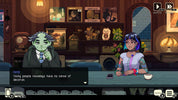 A stylized illustrated scene showing two characters seated at a table in a dimly lit interior with shelves and decor in the background. A dialogue box appears at the bottom left, and interface icons are visible along the top and bottom edges.
