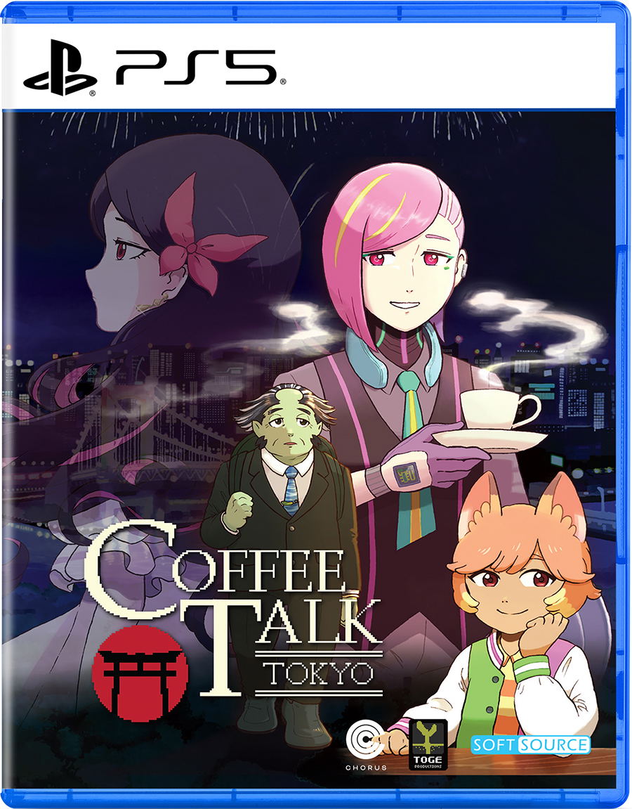 PS5 game cover for Coffee Talk Tokyo, featuring anime-style characters including a pink-haired woman holding a cup, a fox-like character, and a dark-haired woman in profile, with the PS5 logo at the top and the title across the lower middle.