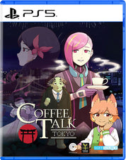 PS5 game cover for Coffee Talk Tokyo, featuring anime-style characters including a pink-haired woman holding a cup, a fox-like character, and a dark-haired woman in profile, with the PS5 logo at the top and the title across the lower middle.