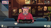 A stylized video game or animation scene showing a man with glasses, a gray beard, and cat ears wearing a red shirt, seated at a table in a dimly lit room. A dialogue box at the bottom reads 'Hendry: You look a little familiar.