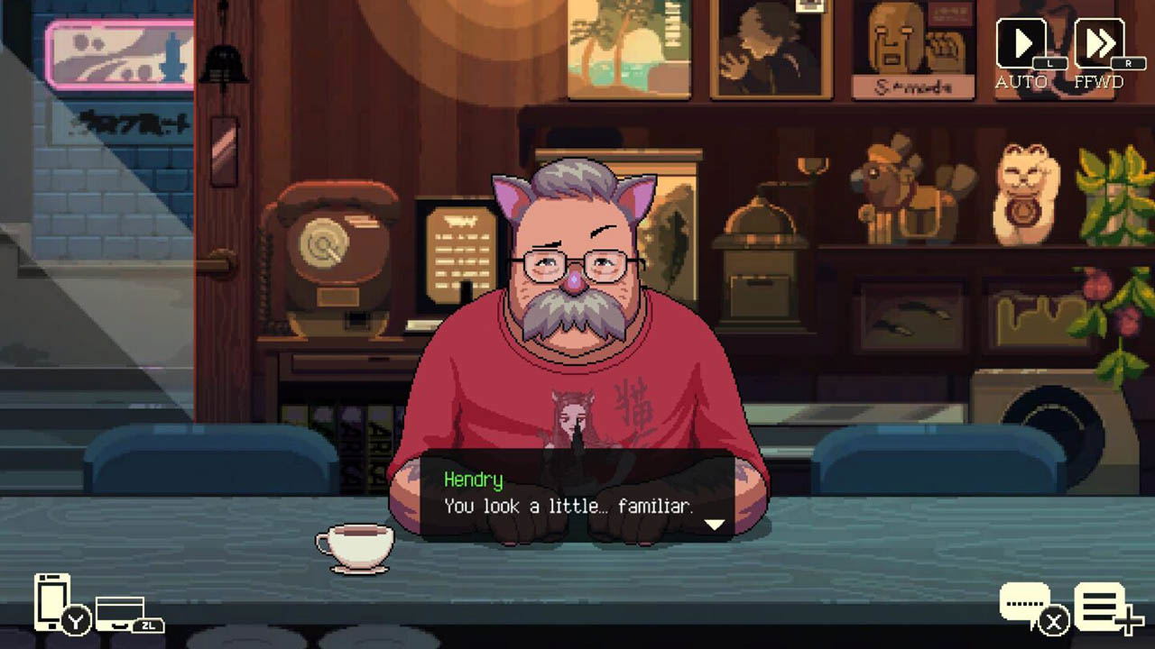 A stylized video game or animation scene showing a man with glasses, a gray beard, and cat ears wearing a red shirt, seated at a table in a dimly lit room. A dialogue box at the bottom reads 'Hendry: You look a little familiar.