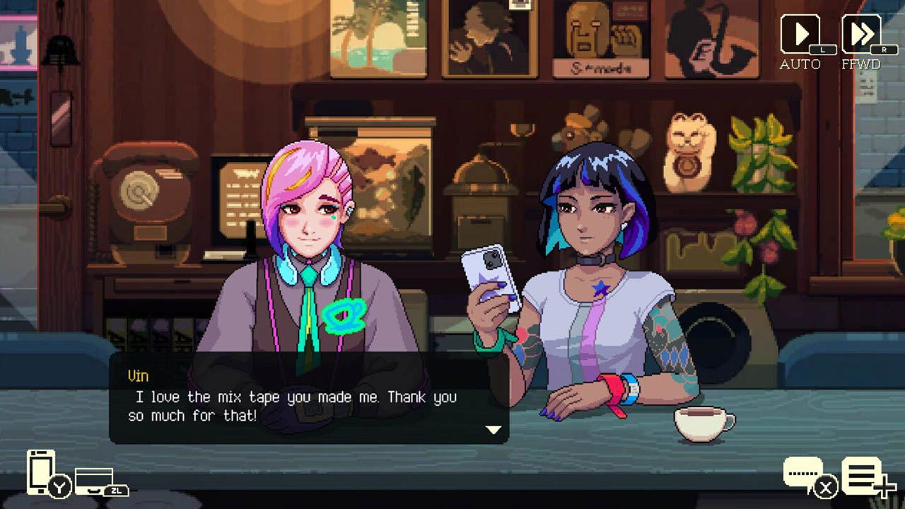 A digital illustration from a video game or interactive story, showing two anime-style female characters sitting at a counter in a cafe. The character on the left has pink hair and a purple top, while the character on the right has blue hair and a white top, holding a smartphone.