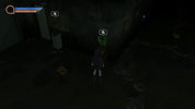 Dark, eerie scene with a character in a purple coat standing near a large creature in a dimly lit area.