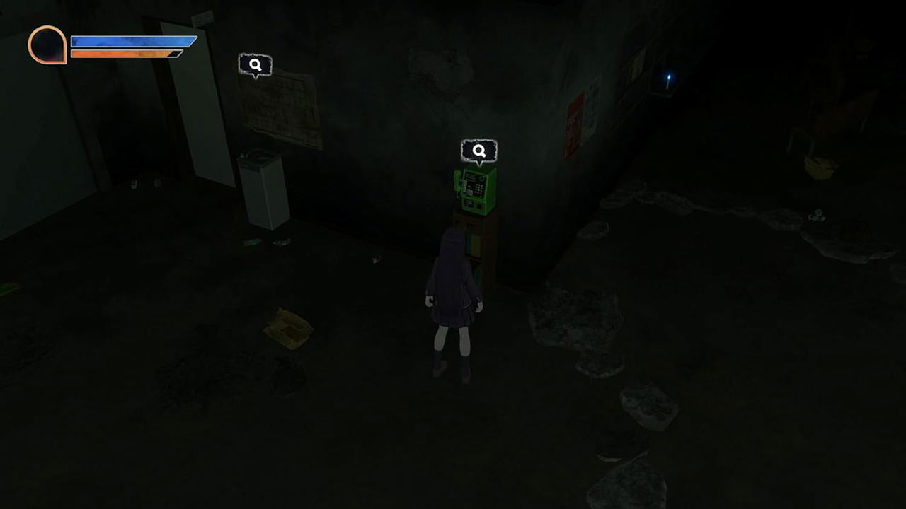 Dark, eerie scene with a character in a purple coat standing near a large creature in a dimly lit area.