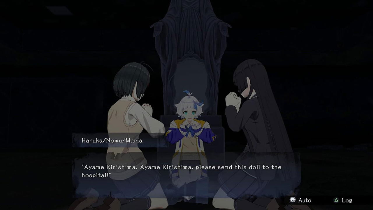 Animated scene with three characters and a doll in a dark setting