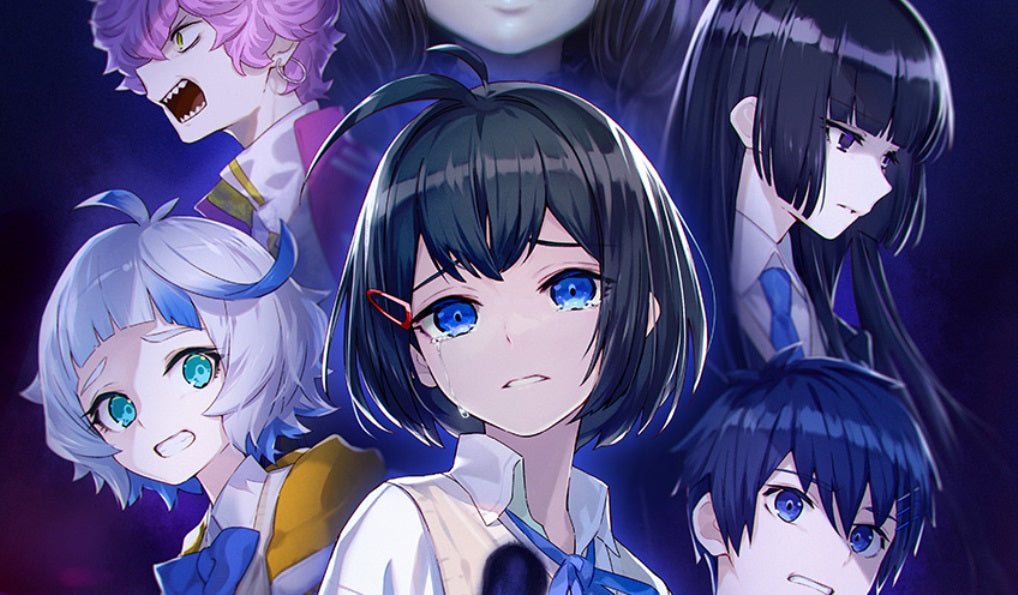 Group of animated characters with blue hair and eyes against a dark background