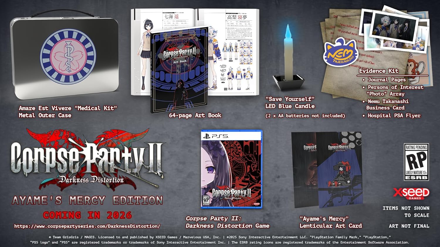 Collection of 'Corpse Party II' game merchandise including a metal box, art book, and other items on a dark background.