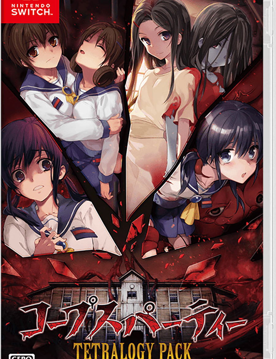 Cover of 'Corpse Party' Tetrilogy Pack for Nintendo Switch with anime characters and red and black design.