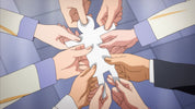 Illustration of multiple hands holding a white puzzle piece together against a blurred background.