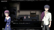 Screen capture of a video game with two characters in a dark room, dialogue box with Japanese text.