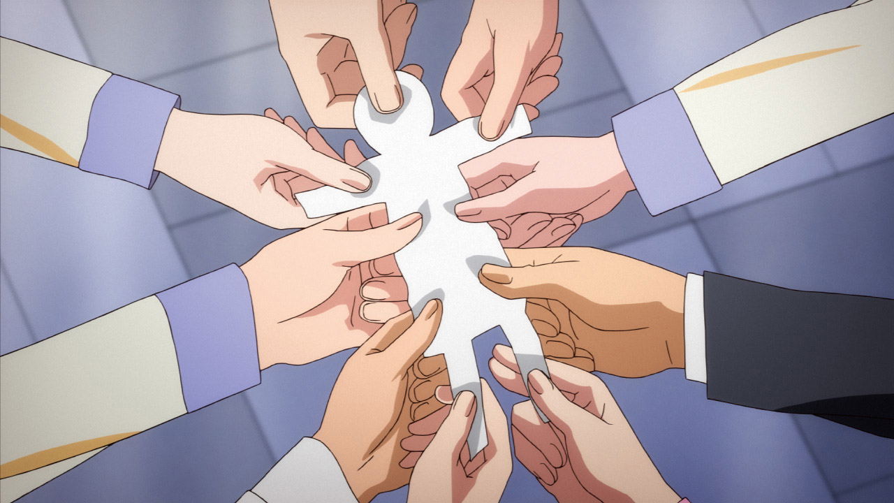 Illustration of multiple hands holding a white puzzle piece together against a light blue background