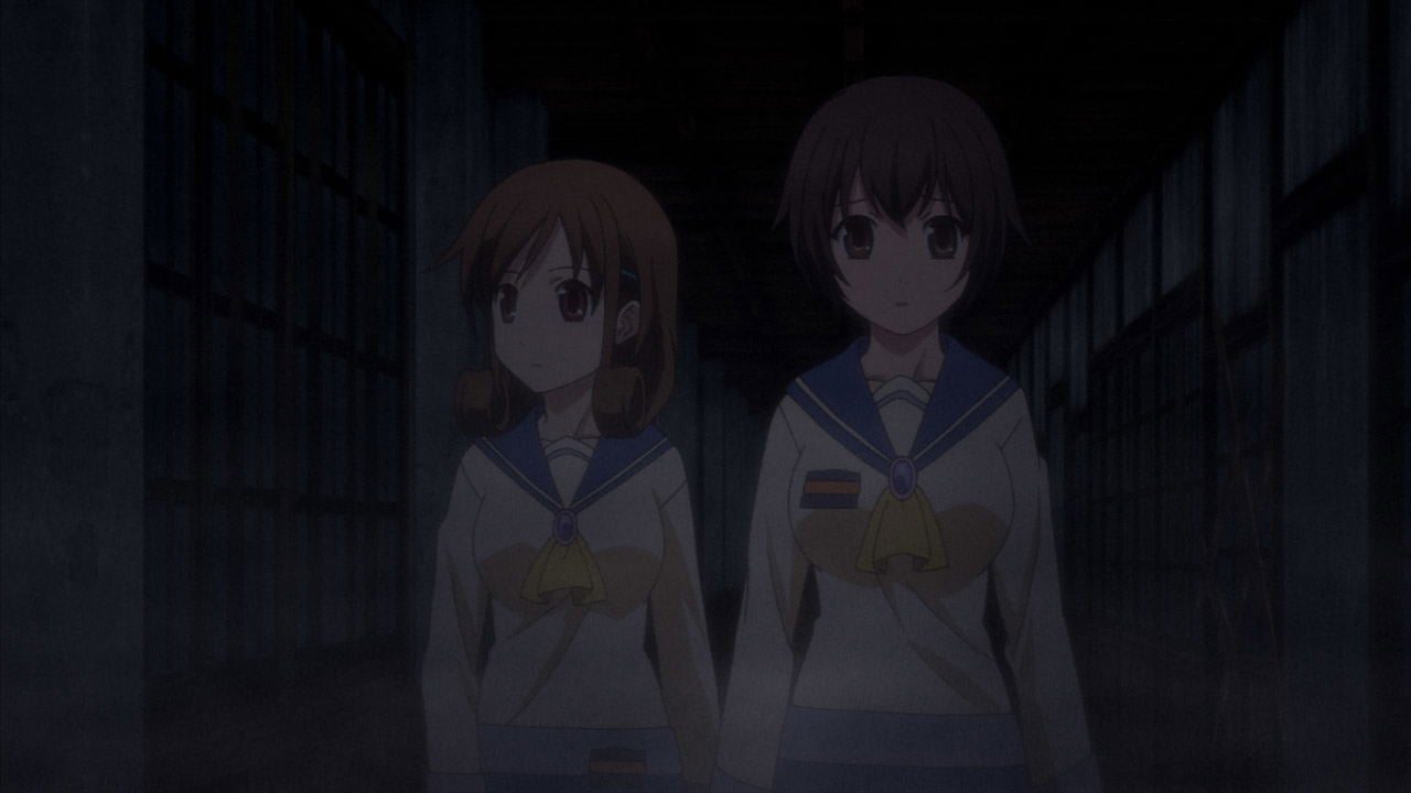 Two animated characters in school uniforms standing in a dark hallway.