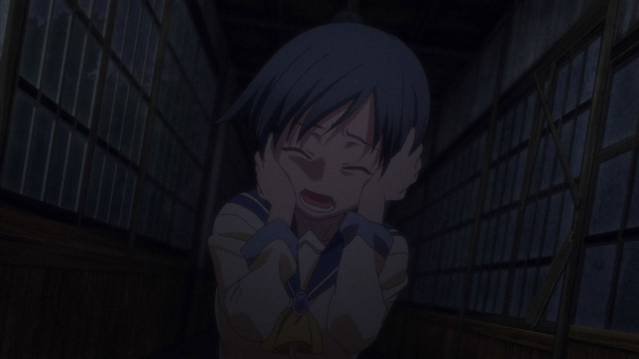 Anime character with blue hair in a school uniform in a dark room with wooden walls.