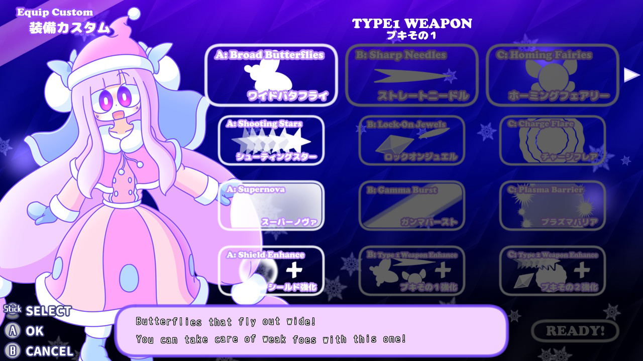 Character selection screen with a character and weapon options on a blue background